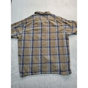 Solaris Button Down Shirt Mens Large Tan Blue Plaid Short Sleeve